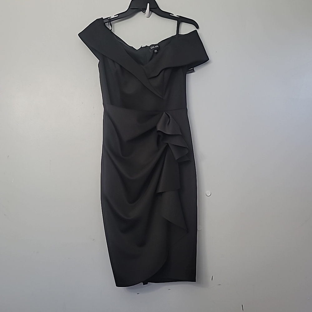 Xscape Evenings"Jessie" Short Scuba Off the Shoulder Ruffle Dress - Picture 5 of 11